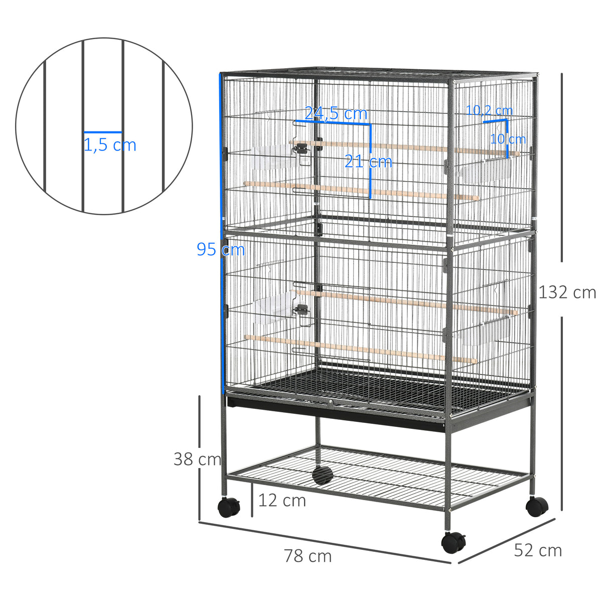 Cage à oiseaux sur pied volière oiseaux intérieur 4 perchoirs en bois et mangeoires fil d'acier gris foncé-2