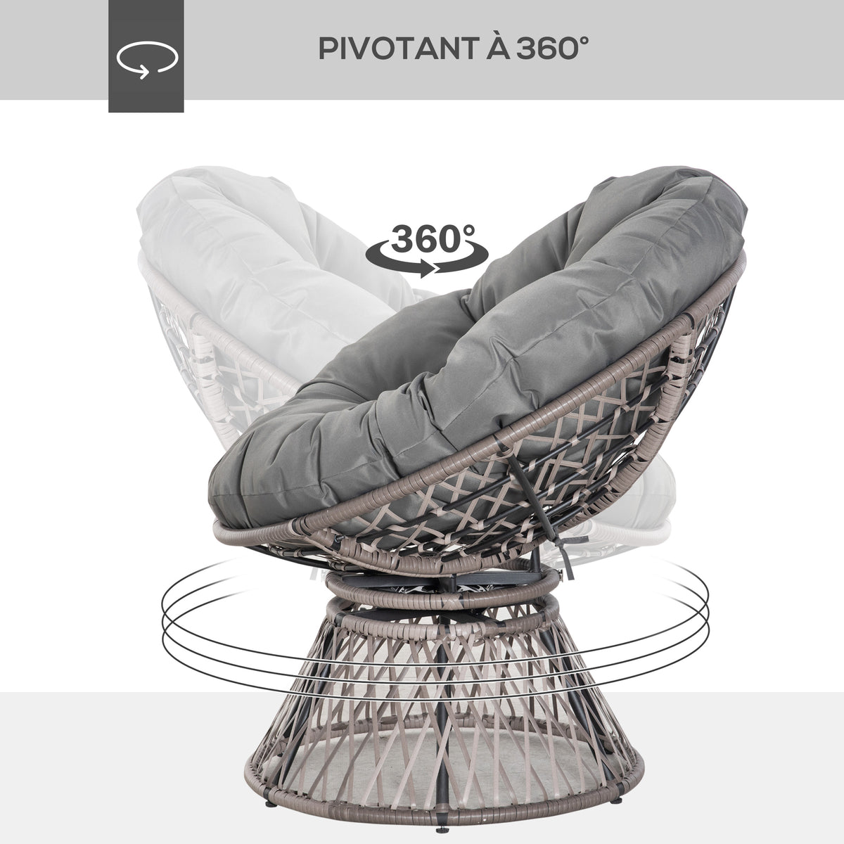 Fauteuil rond de jardin fauteuil papasan pivotant Ø 97 x 86H cm grand coussin fourni polyester résine tressée-3