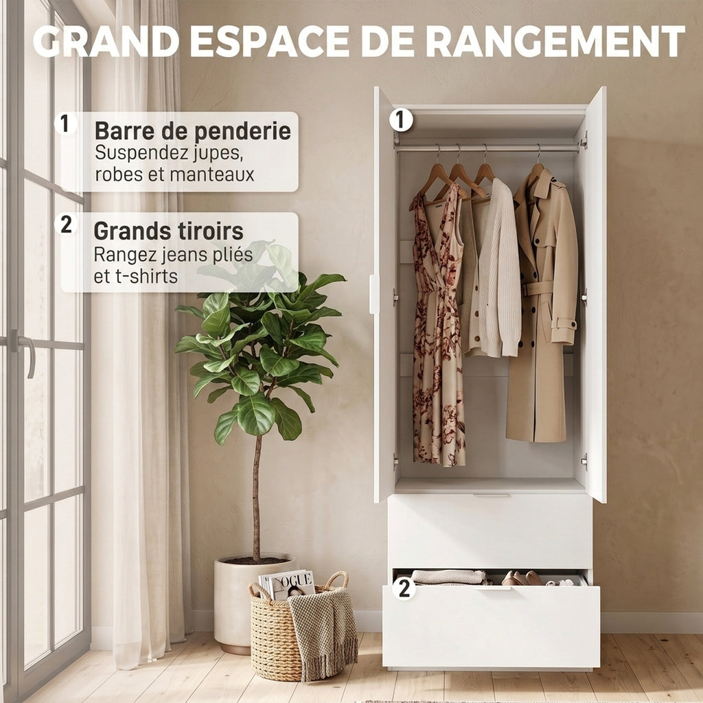 Armoire Chambre Penderie avec 2 Tiroirs, 2 Portes à Fermeture Douce et Barre de Suspension, 60 x 47 x 180 cm, Blanc-3