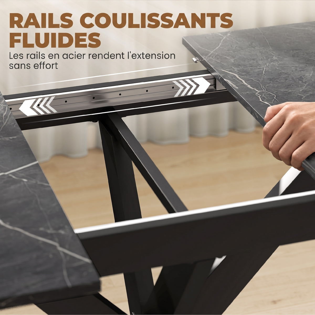 Table à Manger Extensible pour 4 à 8 Personnes, 120-160 cm, Plateau Effet Marbre, Pieds Croisés en Acier, Noir-5