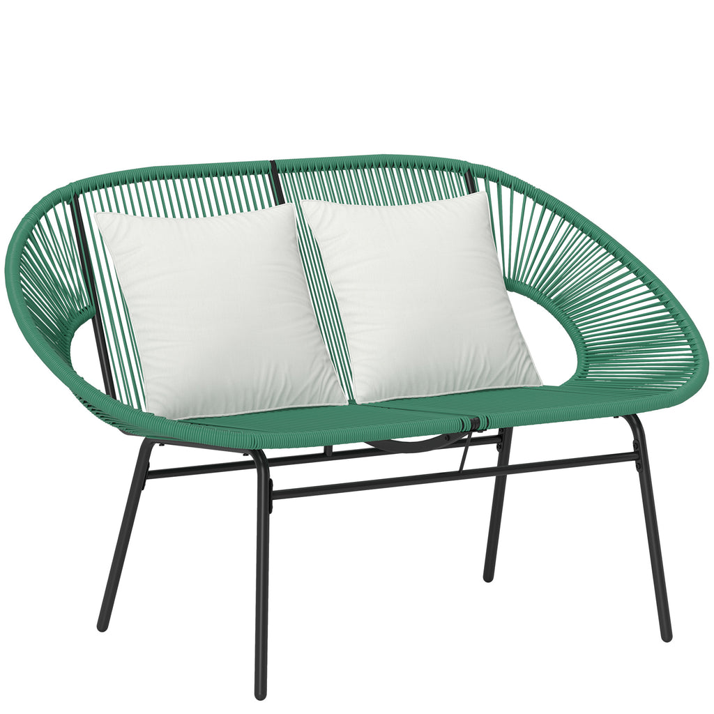 Banquette banc de jardin 2 places en acier et cordage en résine avec 2 coussins - dim. 132L x 72l x 83H cm - vert foncé-0