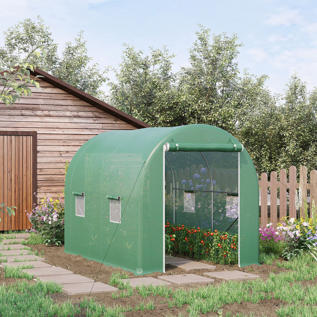 Serre de Jardin Tunnel Surface Sol 6 m² 3L x 2l x 2,10H m châssis Tubulaire renforcé Porte zippée 4 fenêtres enroulables cadre en métal Vert-1
