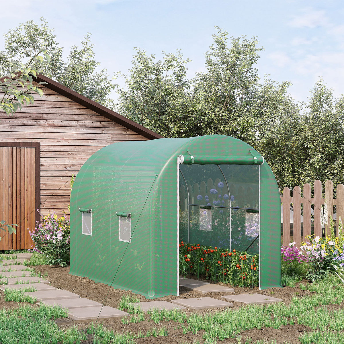 Serre de Jardin Tunnel Surface Sol 6 m² 3L x 2l x 2,10H m châssis Tubulaire renforcé Porte zippée 4 fenêtres enroulables cadre en métal Vert-1