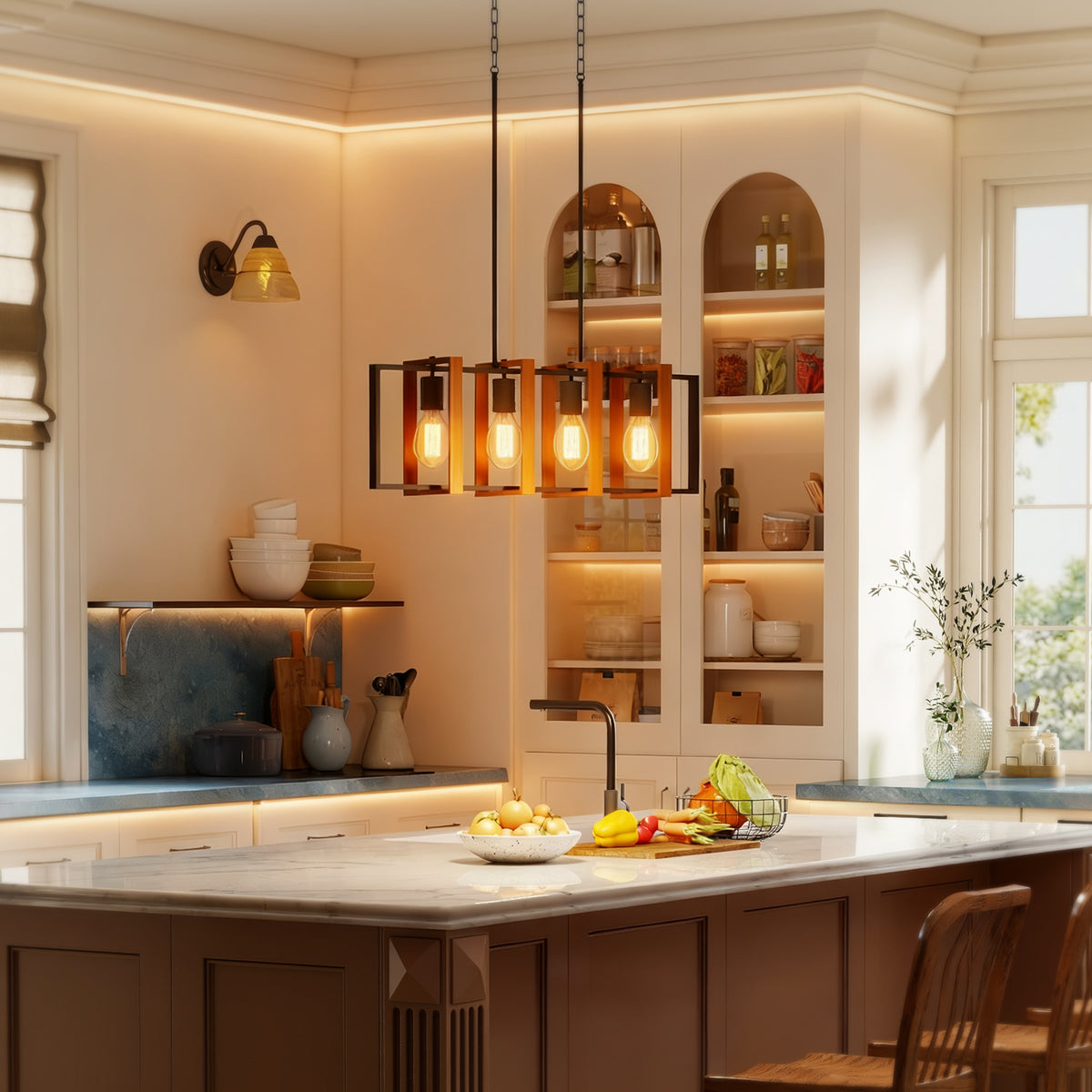 Suspension luminaire moderne, lustre plafonnier avec 4 cadres rotatifs et hauteur réglable, 80 x 21 x 90-130 cm, noyer-6