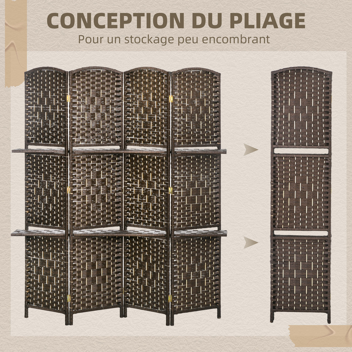 Paravent séparateur de pièce 4 panneaux 160 x170 cm avec 2 étagères, pliable, en bois-3