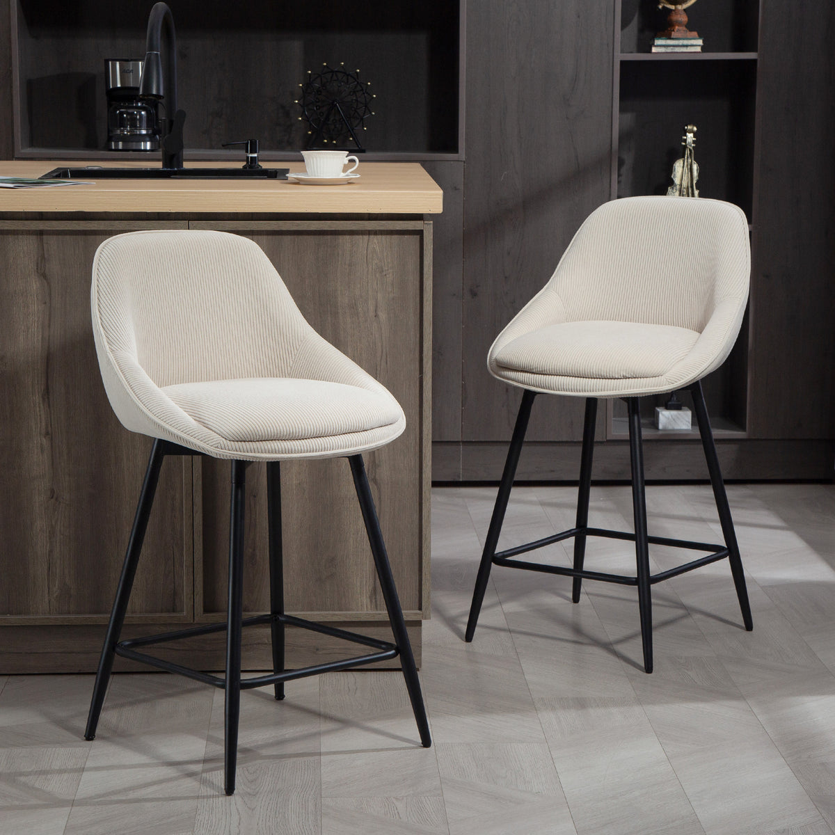 Lot de 2 tabourets de bar en tissu velours côtelé, chaises de bar avec dossier courbé, repose-pieds, 49x52x88cm, crème-9