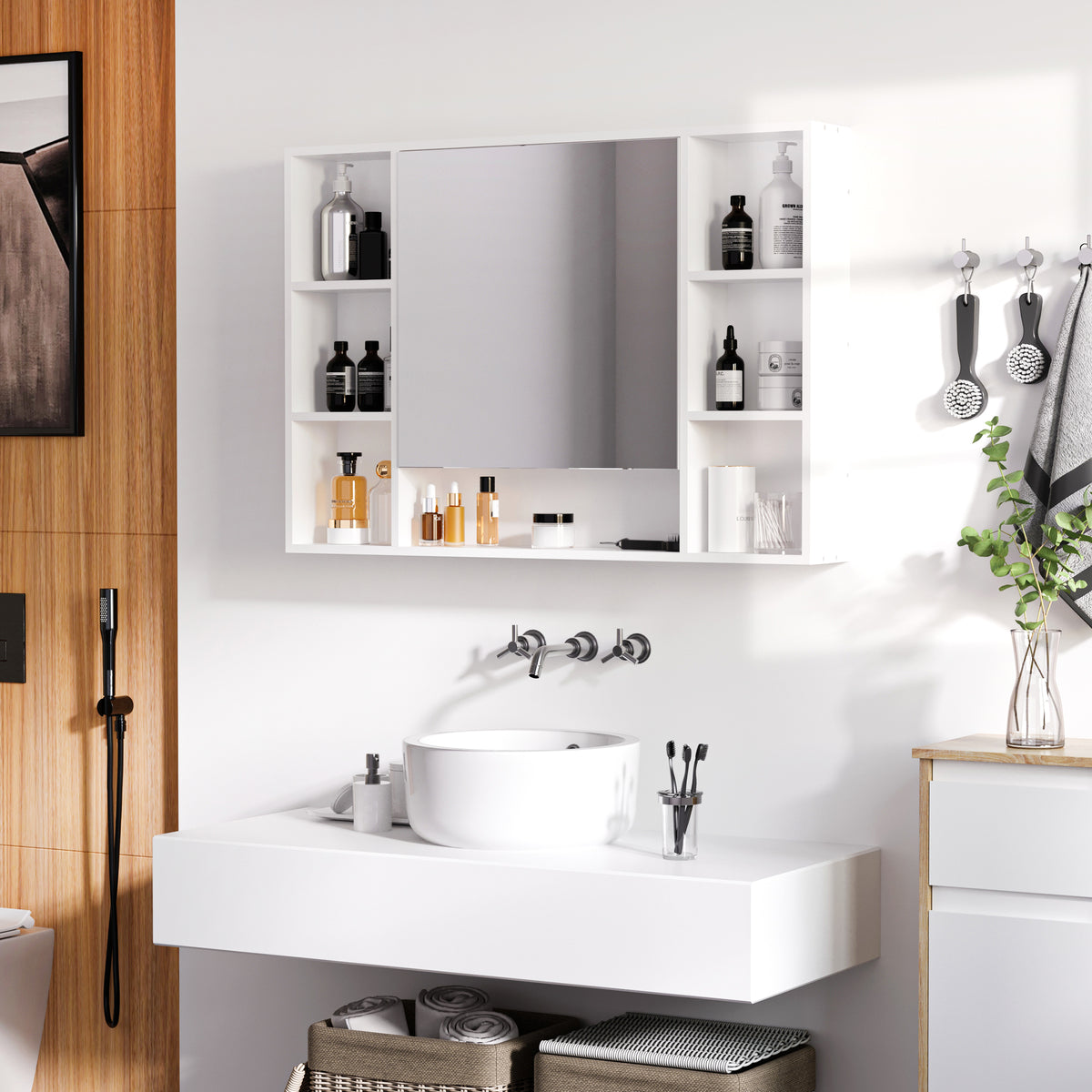 Armoire murale salle de bain avec miroir, meuble salle de bain, 7 étagères ouvertes et placard,100 x 15 x 70 cm, blanc-1