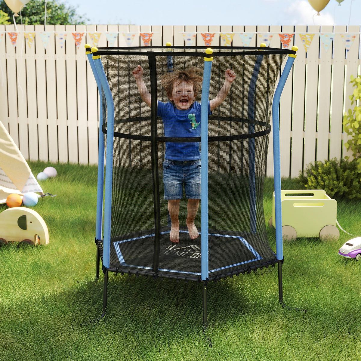 Trampoline pour enfant 1,22 x 1,11 x 1,9 m filet de sécurité porte zippée 6 poteaux rembourrés inclus bleu noir-1