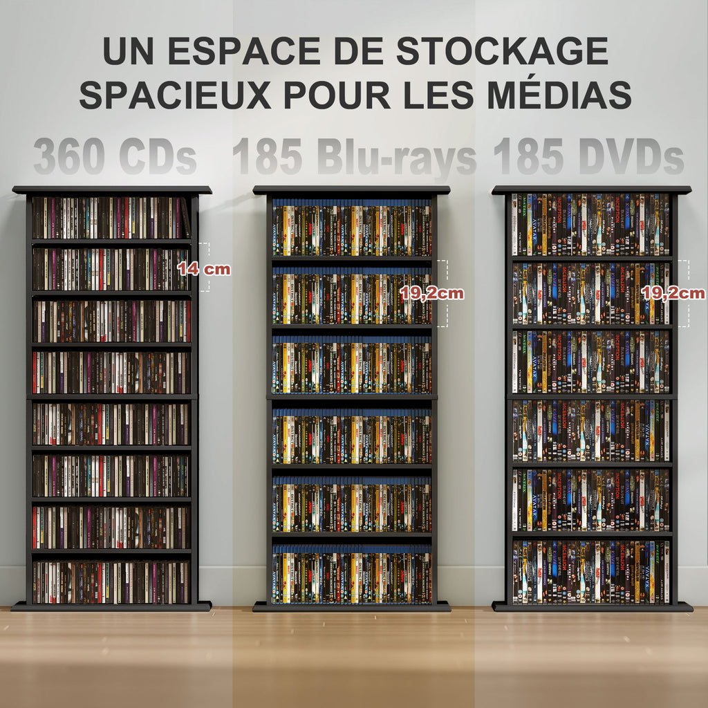 Rangements pour CD et DVD avec 8 compartiments et 6 étagères réglables, capacité max. 360 CD/185 DVD et Blu-ray, noir-3