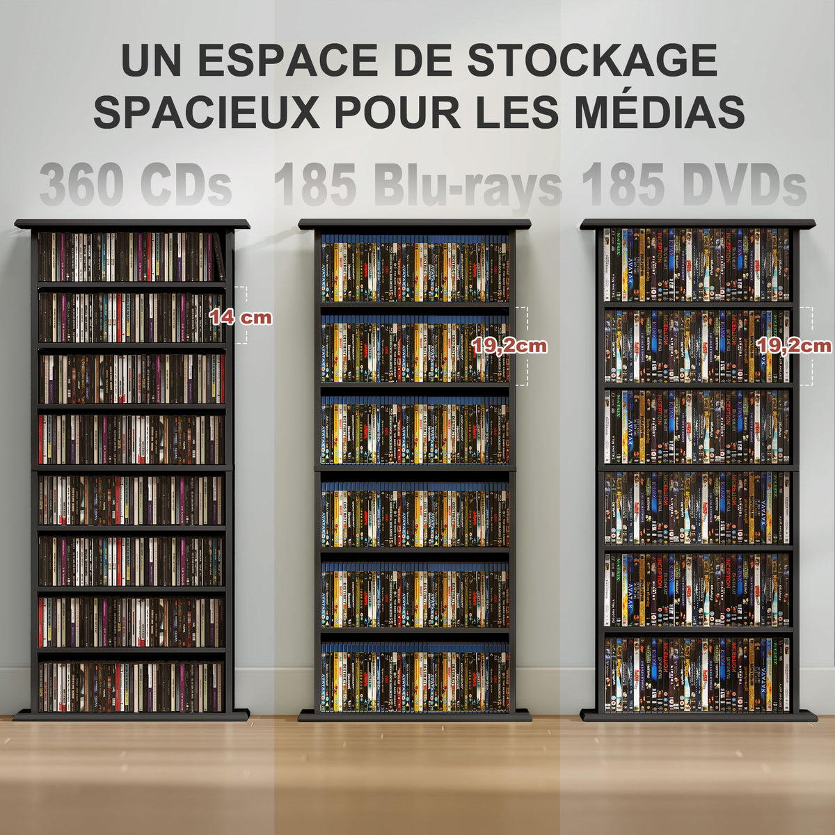 Rangements pour CD et DVD avec 8 compartiments et 6 étagères réglables, capacité max. 360 CD/185 DVD et Blu-ray, noir-3