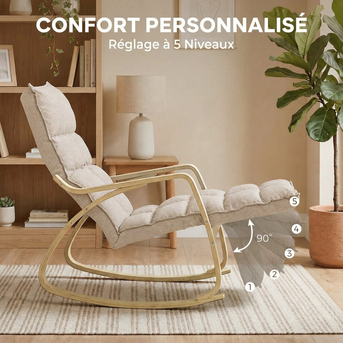 Fauteuil à Bascule avec Repose-Pieds Ajustable, Rocking Chair avec Pieds en Bois de Bouleau, 67x93x105cm, Marron Clair-4