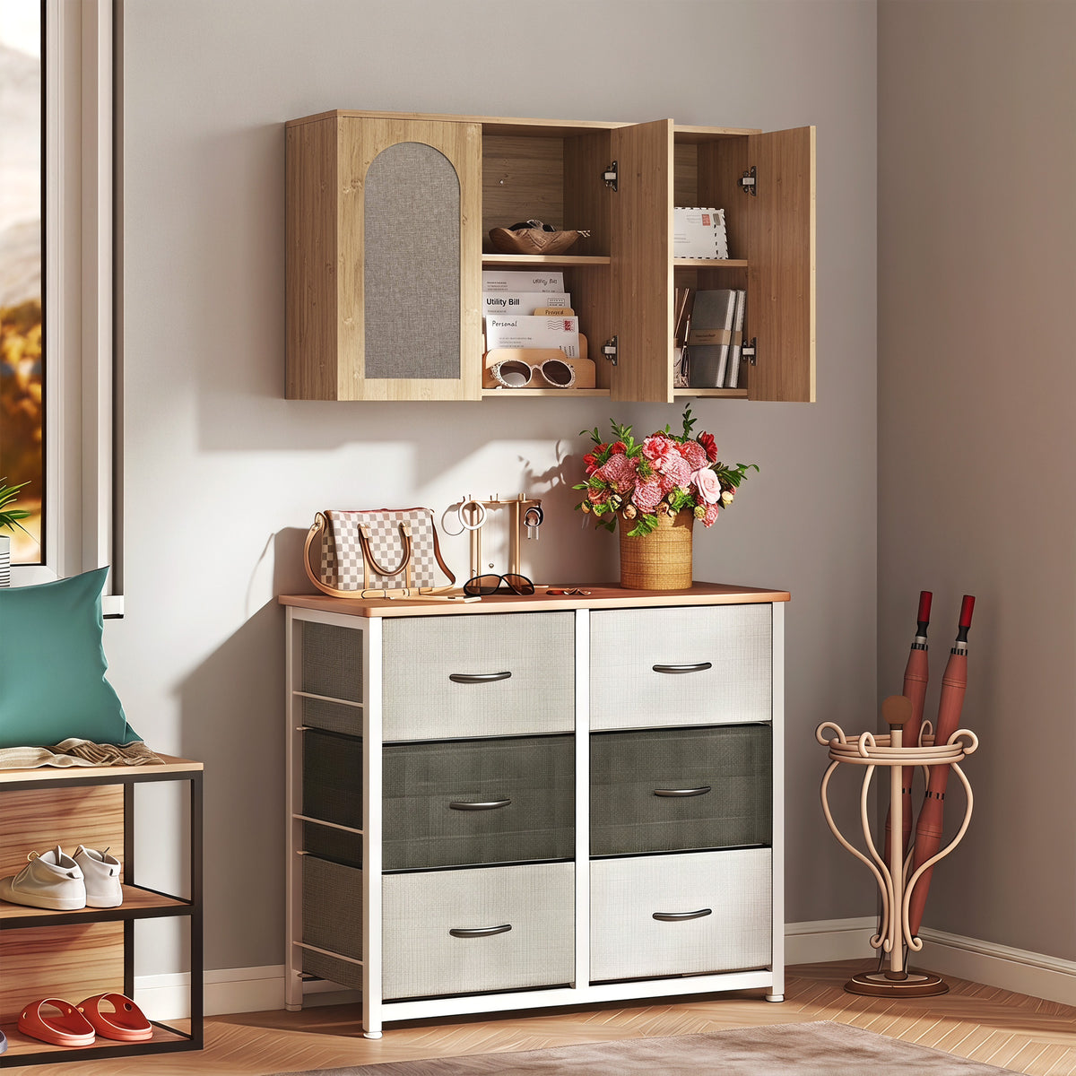 Armoire murale de salle de bain bohème avec 3 portes effet rotin à fermeture douce et étagère réglable, chêne-8