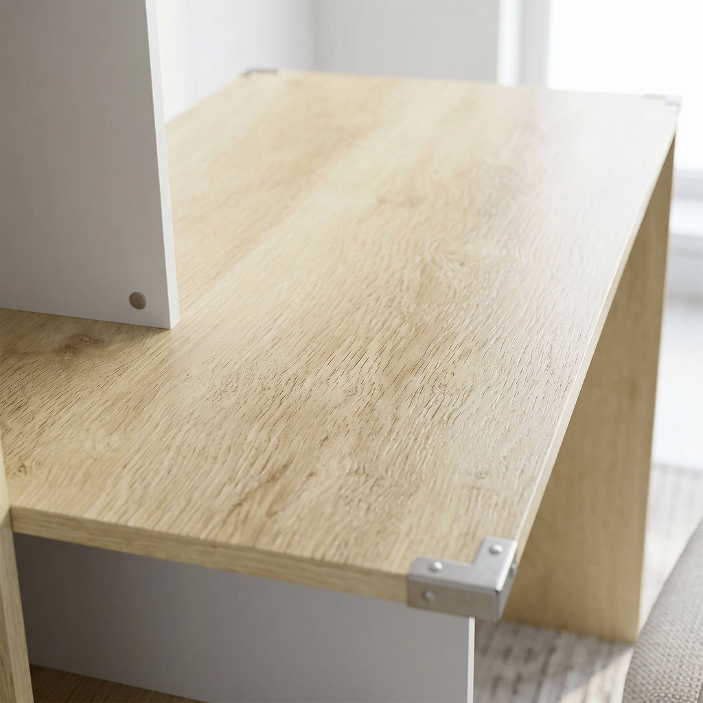 Bureau d'ordinateur avec bibliothèque 4 compartiments et tiroir verrouillable, 126 x 50 x 109 cm, chêne et blanc-9