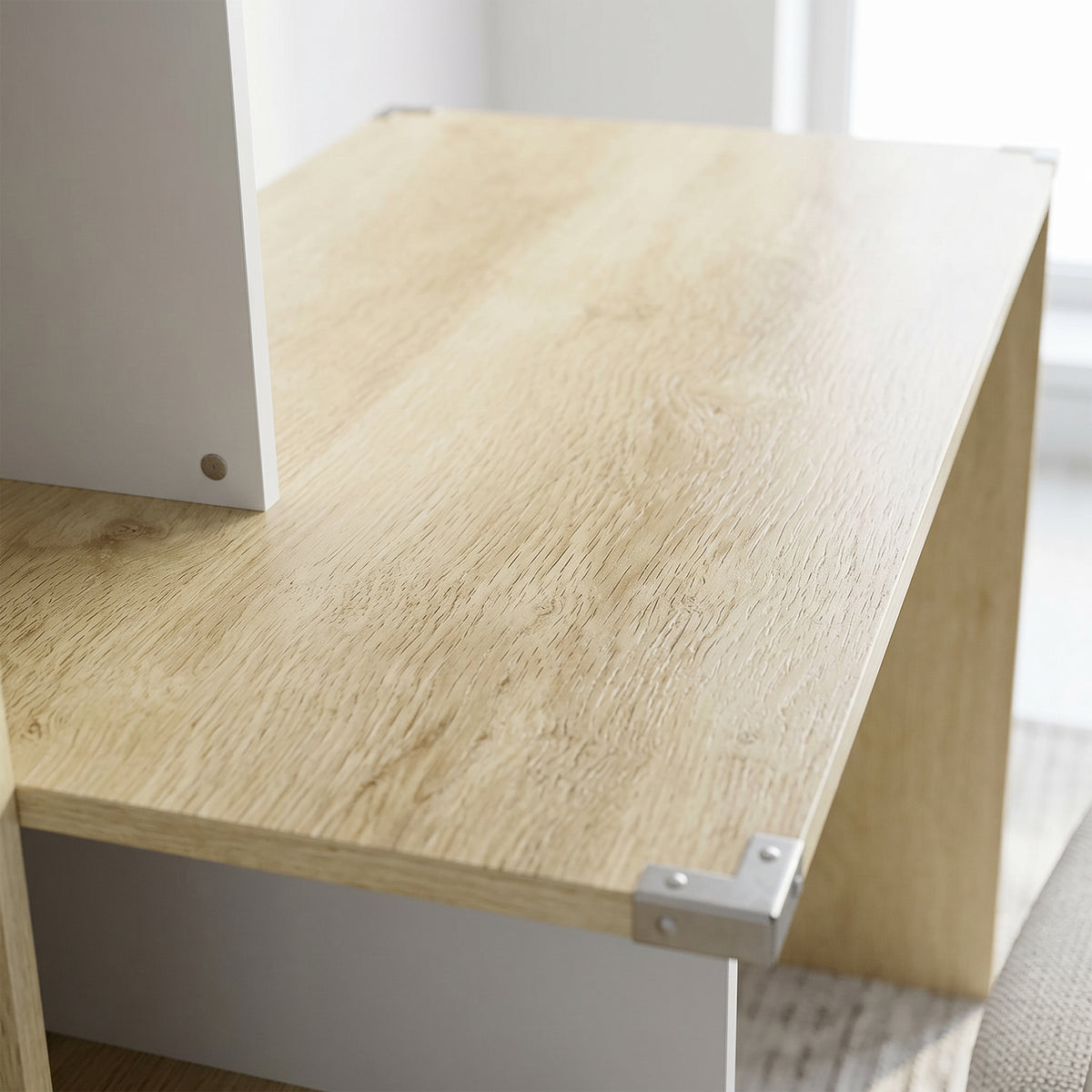 Bureau d'ordinateur avec bibliothèque 4 compartiments et tiroir verrouillable, 126 x 50 x 109 cm, chêne et blanc-9