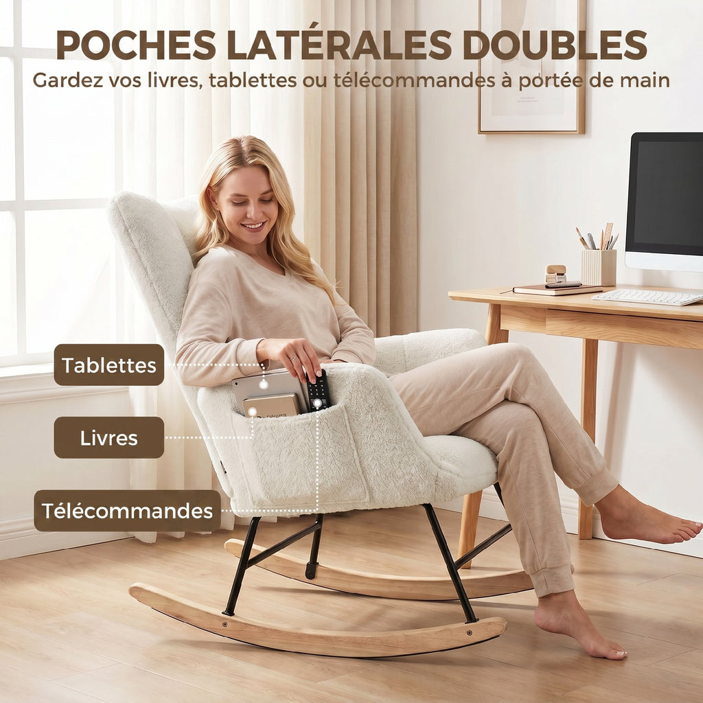Fauteuil à Bascule, Rocking Chair en Peluche Teddy, Poches Latérales, Dossier à Oreilles Capitonné, Crème-6