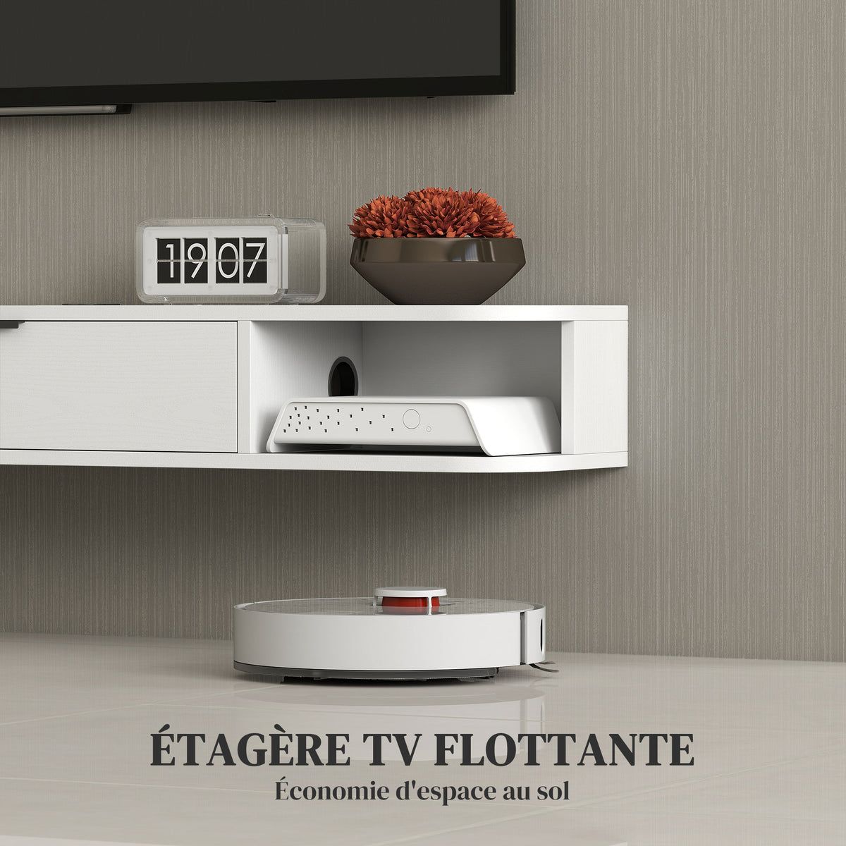 Meuble TV suspendu, meuble télé pour téléviseur jusqu'à 50 pouces, tiroir rabattable 2 étagères 120x24x16cm blanc-3