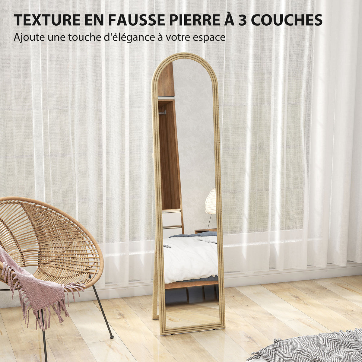Miroir de sol arqué pleine longueur miroir sur pied cadre en effet imitation pierre pour salon chambre 40 x 160 cm beige-4