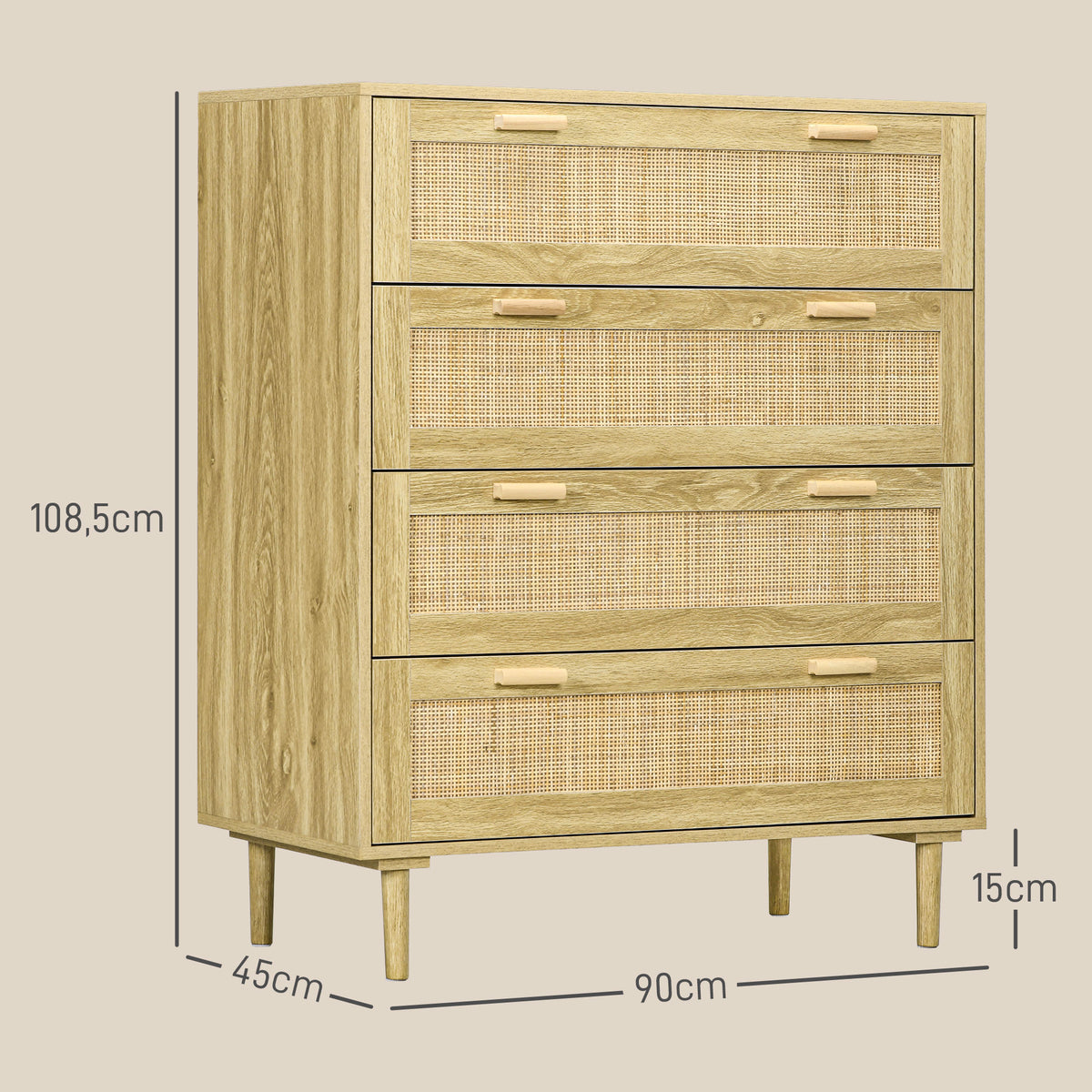 Commode 4 tiroirs meuble de rangement façade tissage en rotin style bohème dim. 90l x 45P x 108,5H cm Aspect Bois Clair-2