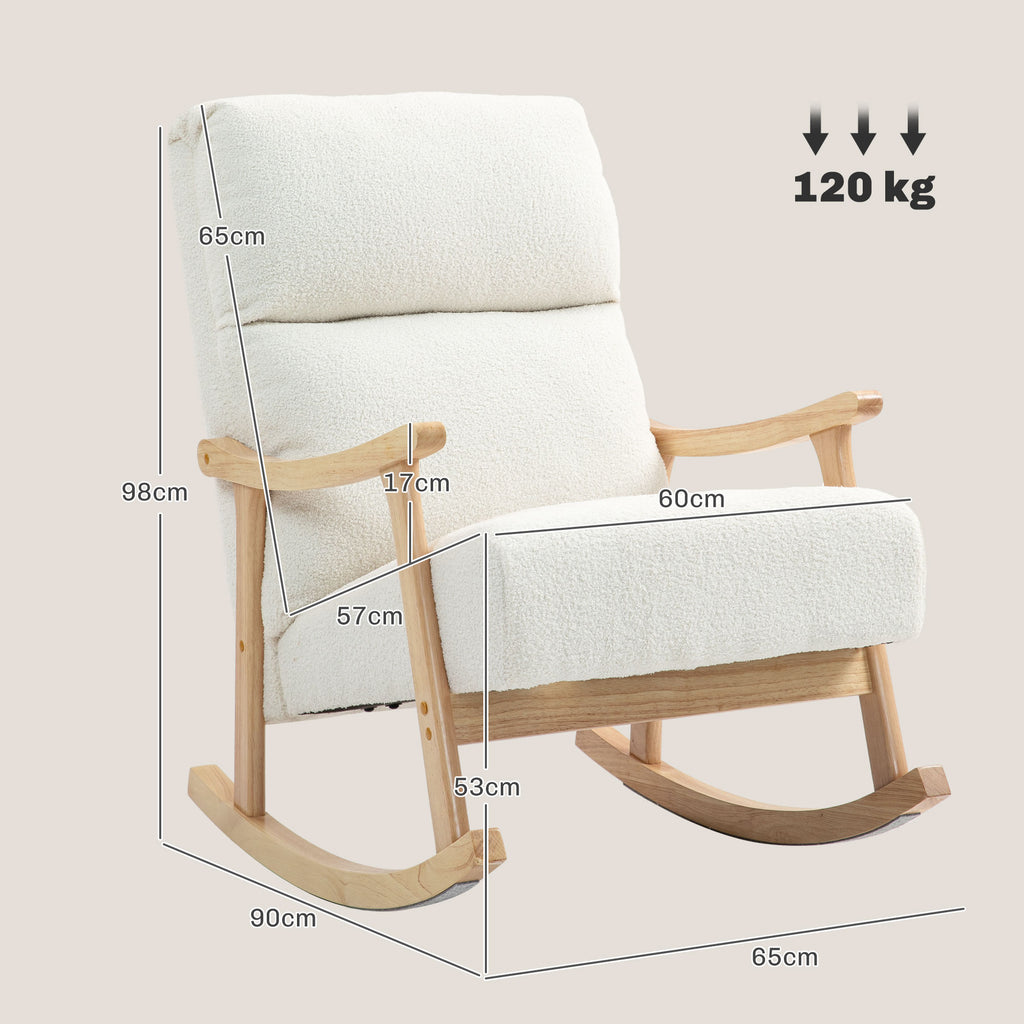 Fauteuil à bascule, rocking chair en velours teddy avec assise rembourré, dossier ergonomique, 65 x 90 x 98 cm, crème-2