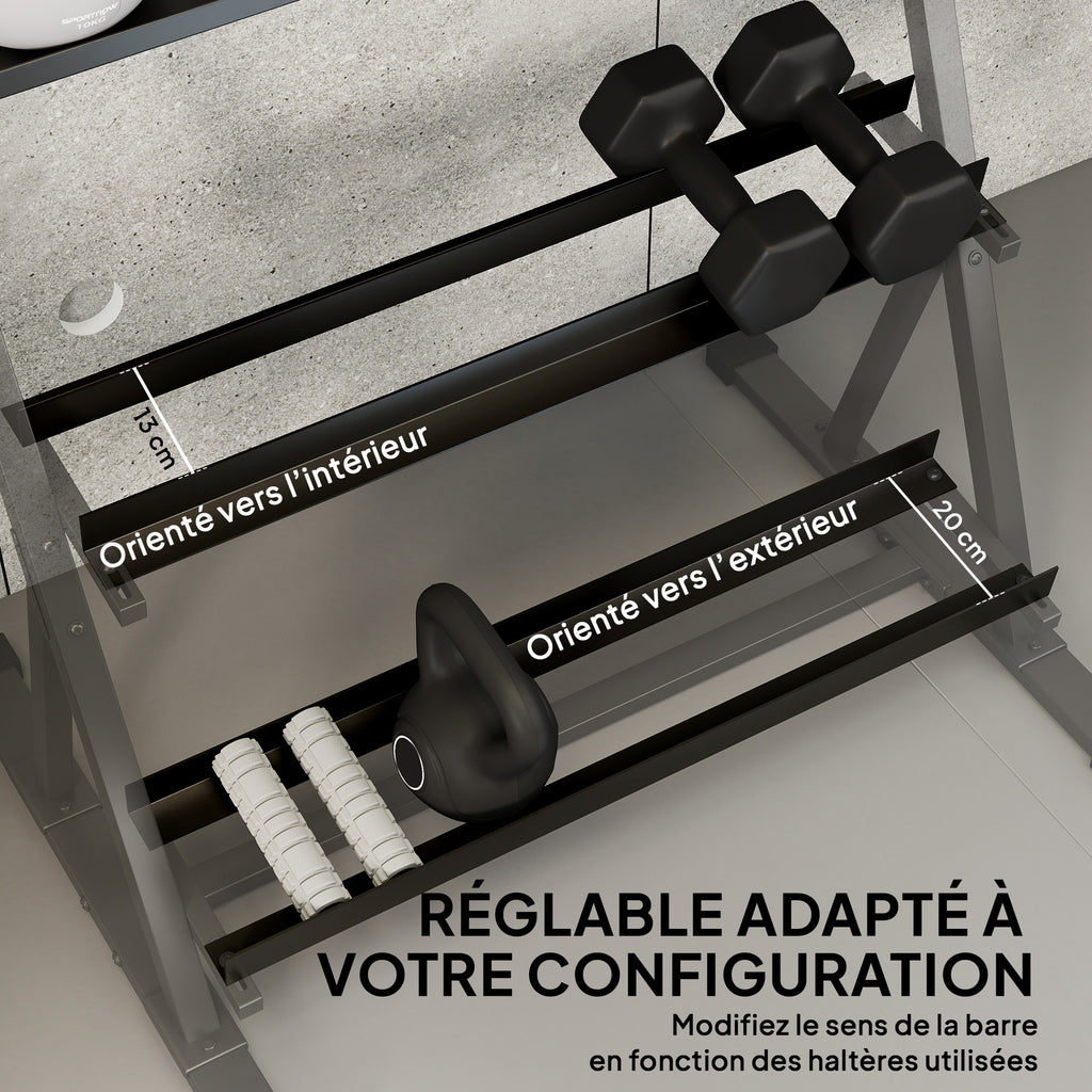 Support pour haltères à 3 niveaux, support de poids réglable en acier pour haltères, kettlebells, noir-4