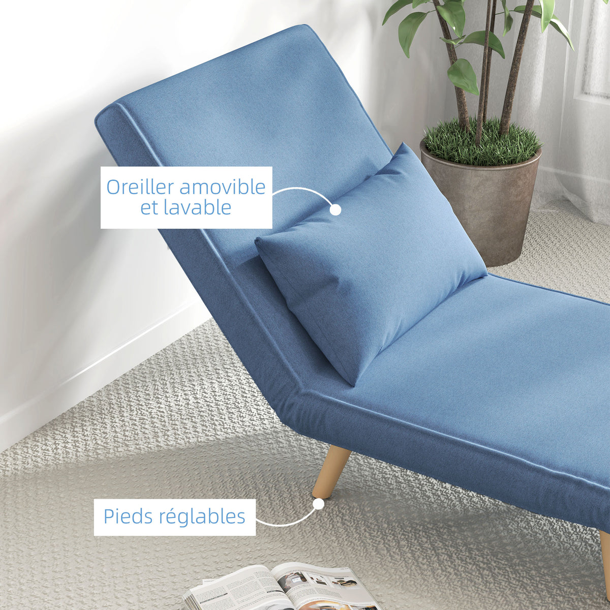 Fauteuil chauffeuse convertible 3 en 1 lit fauteuil lit 1 place dossier 5 positions en tissu avec coussin, bleu-6
