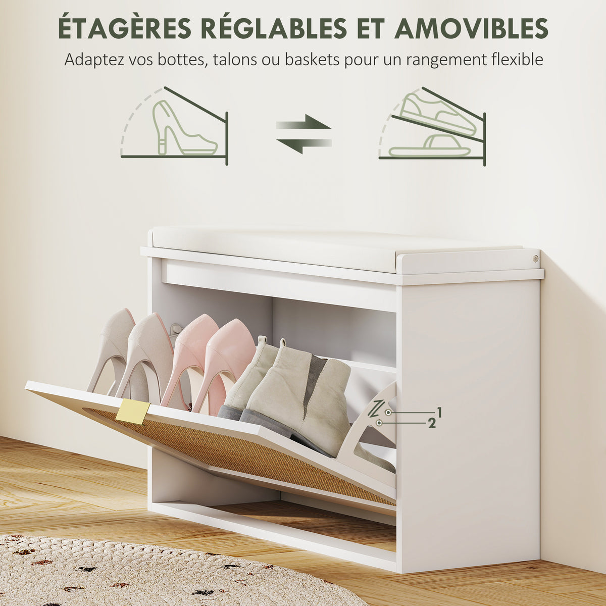Banc à chaussures, banc de rangement, assise rembourrée, tiroir rabattable, porte en rotin, 80 x 26 x 47,5 cm, blanc-6