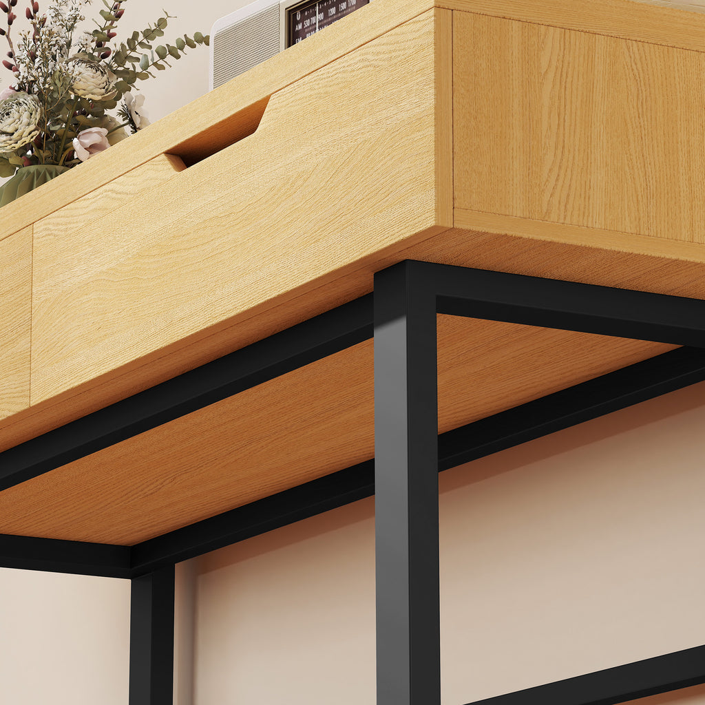 Console meuble 110 cm, table console étroite avec 2 tiroirs, cadre en métal et design sans poignées, bois naturel-8