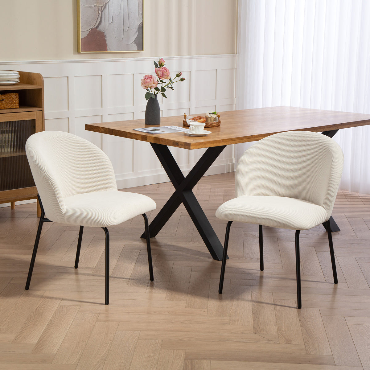 Lot de 2 chaises de salle à manger en velours côtelé, chaises de cuisine avec pieds en acier, 56x58x78cm, crème-1