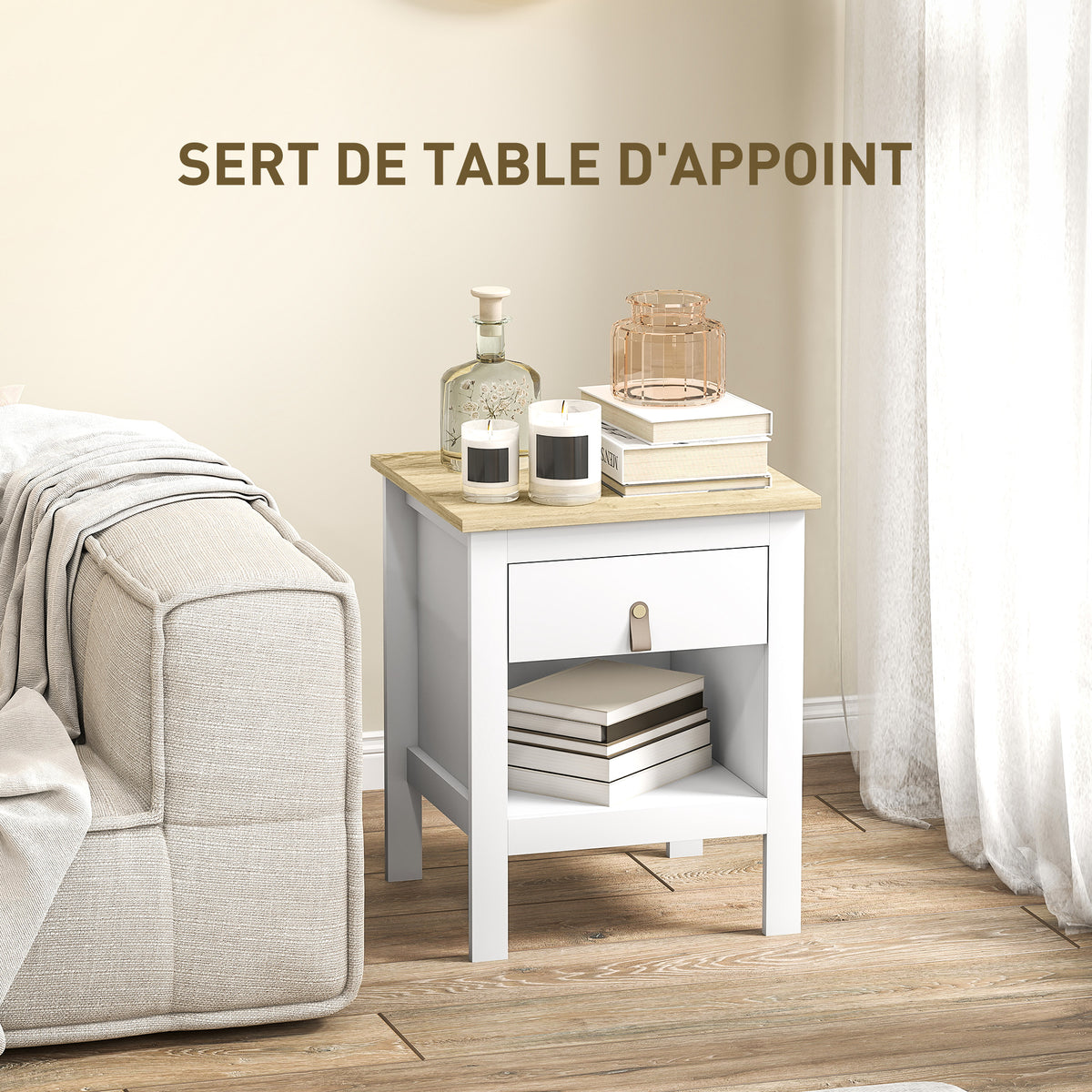Lot de 2 tables de chevet avec tiroir et compartiment ouvert, 45 x 40 x 55 cm, blanc-5