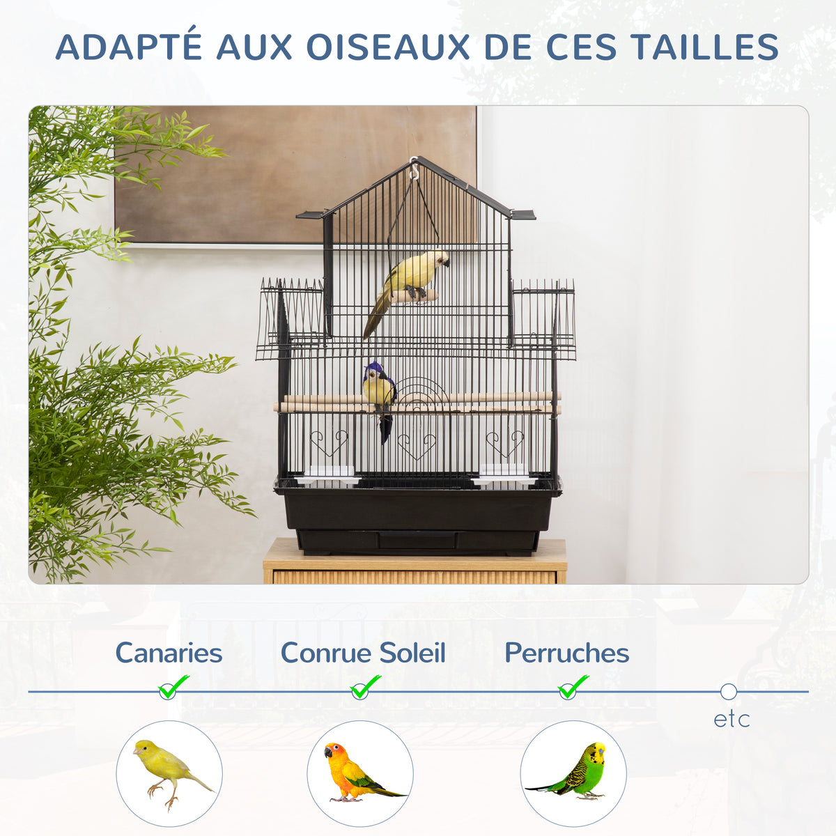 Cage à oiseaux design maison mangeoires perchoirs 3 portes plateau excrément amovible + poignée transport 50,5 x 41 x 63 cm noir-6