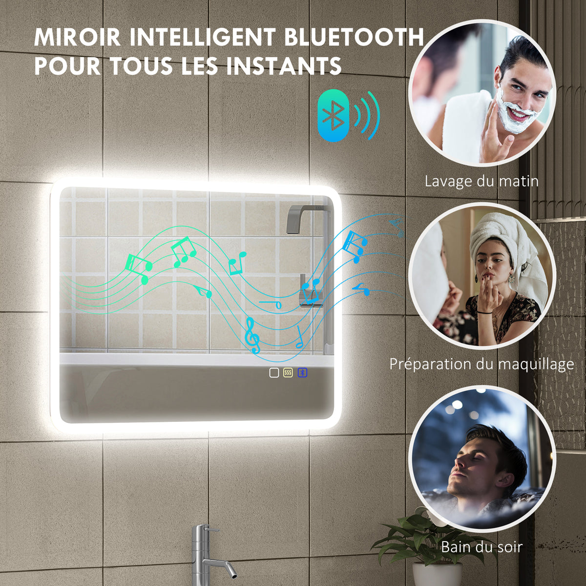 Miroir salle de bain LED bluetooth 50 x 70 cm interrupteur tactile lumière réglable 3 couleurs anti-buée mémoire argent-4