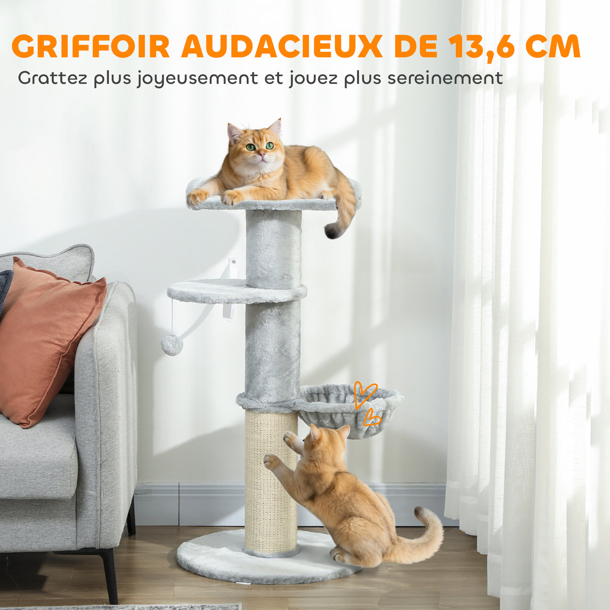 Arbre à chat tonneau à gratter pour chats griffoir en sisal, hamac, plateforme, balle jouet, Ø 48 x 103,5 cm, gris clair-3