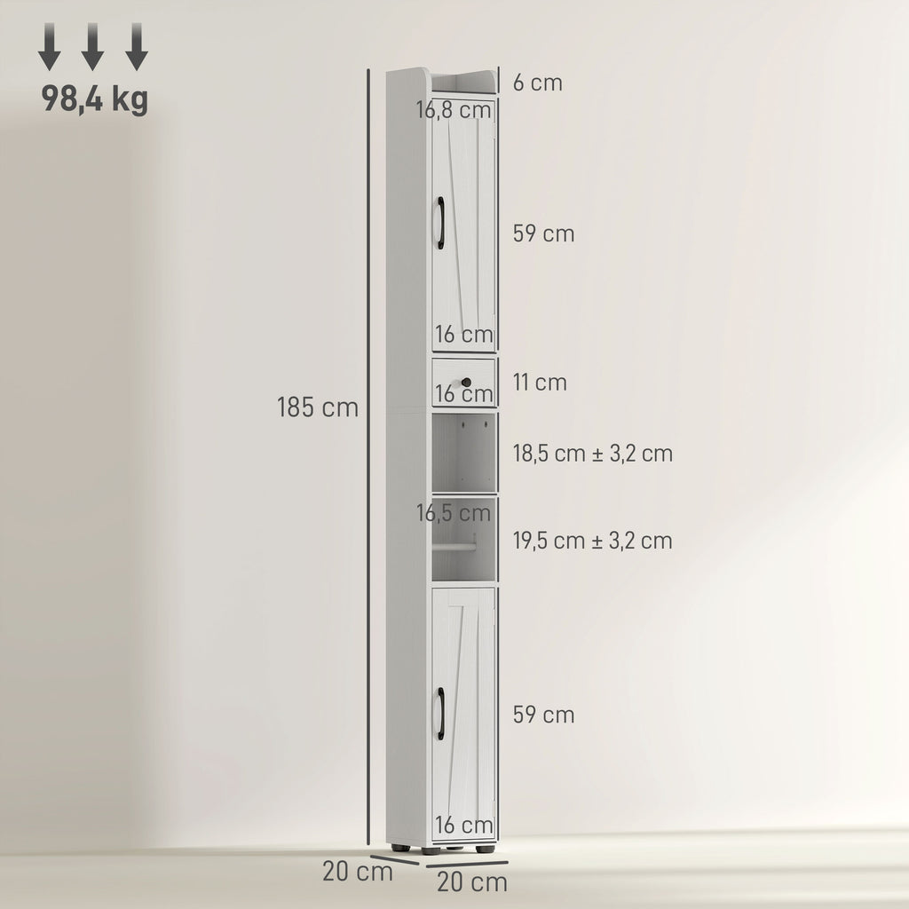 Armoire salle de bain haute, meuble de rangement colonne, 2 portes, tiroir, étagères réglables, 20x20x185cm, blanc-2