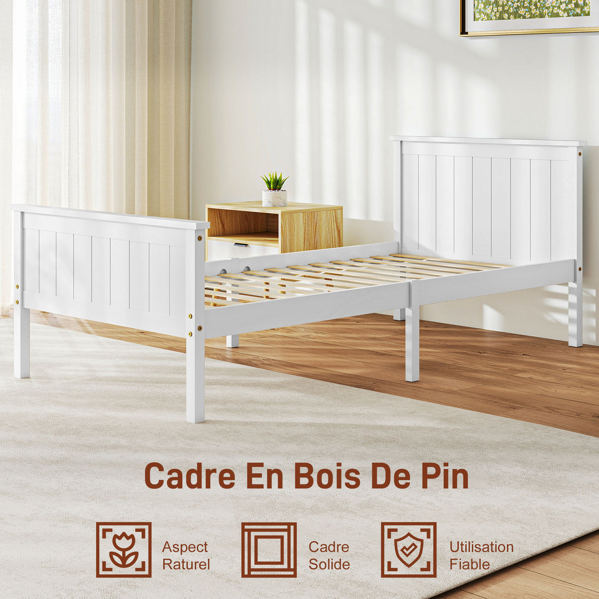 Cadre de lit 90 x 200 cm, lit simple en bois massif avec sommier à lattes tête et pied inclus, assemblage facile, blanc-3