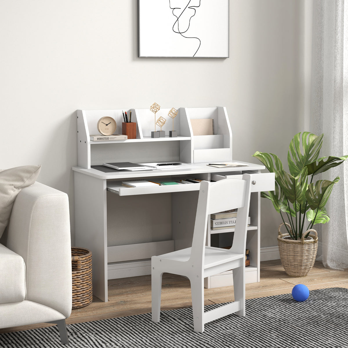 Bureau enfant avec chaise ergonomique avec clavier coulissant tiroir niches et étagères ouvertes 90 x 45 x 90 cm blanc-1