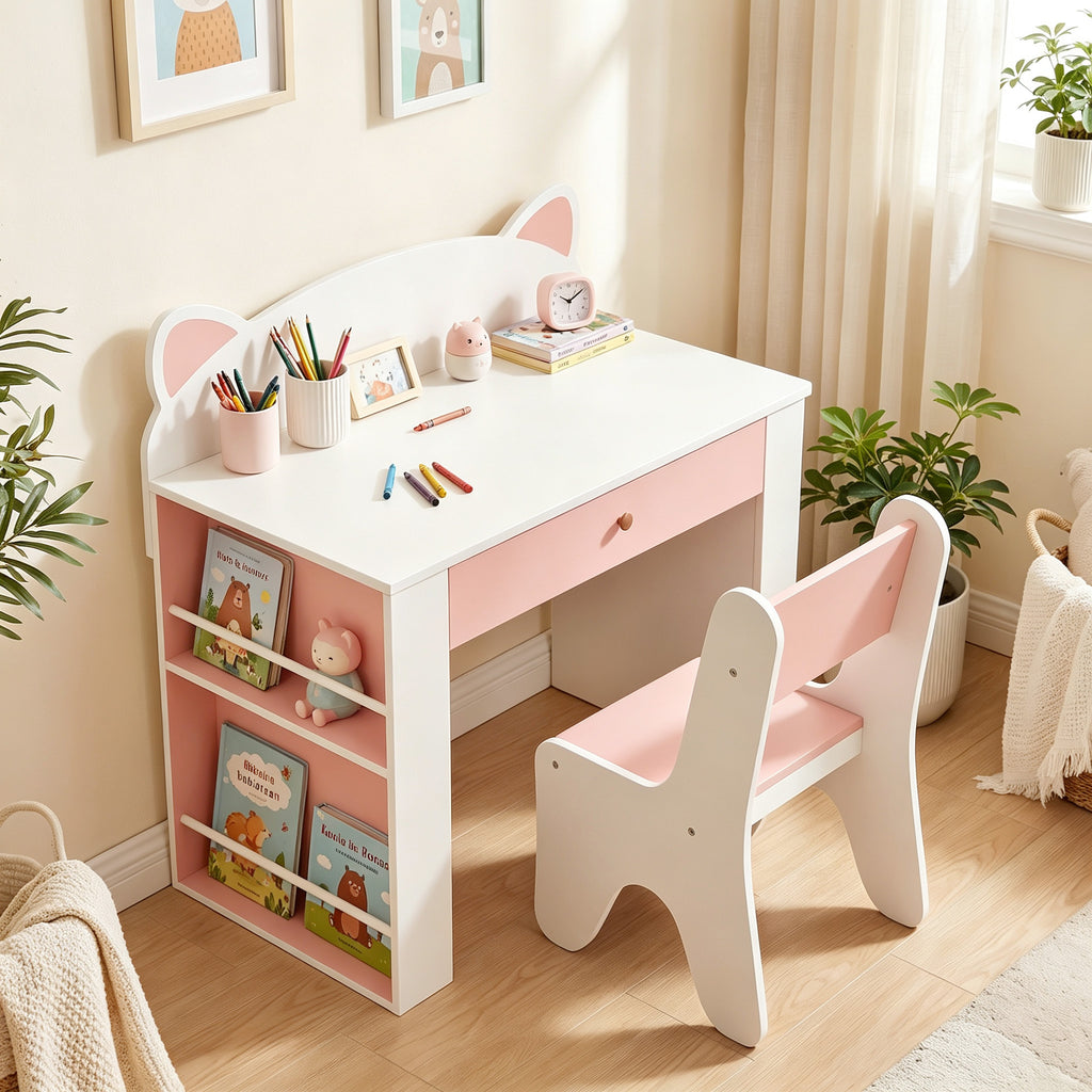 Bureau et Chaise pour Enfant 2 Pièces, Ensemble Table d'Activité, Tiroir, Bibliothèque pour Dessin, Lecture, Blanc Rose-9