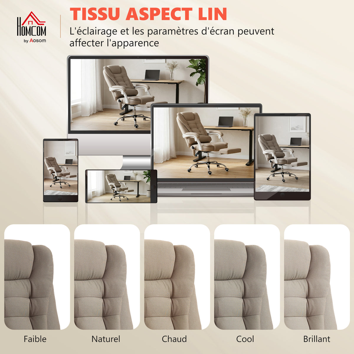 Fauteuil de bureau direction massant chauffant hauteur réglable dossier inclinable toile de lin beige-8