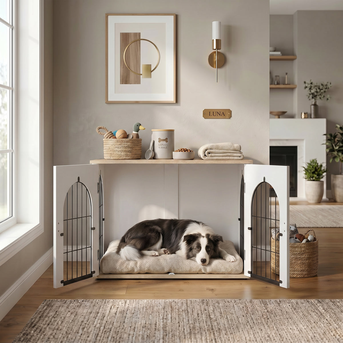 Cage pour Chien Meuble Cage Chien Intérieur Arche avec Double Porte comme Table d'Appoint en Métal 80x56x59cm Blanc-8