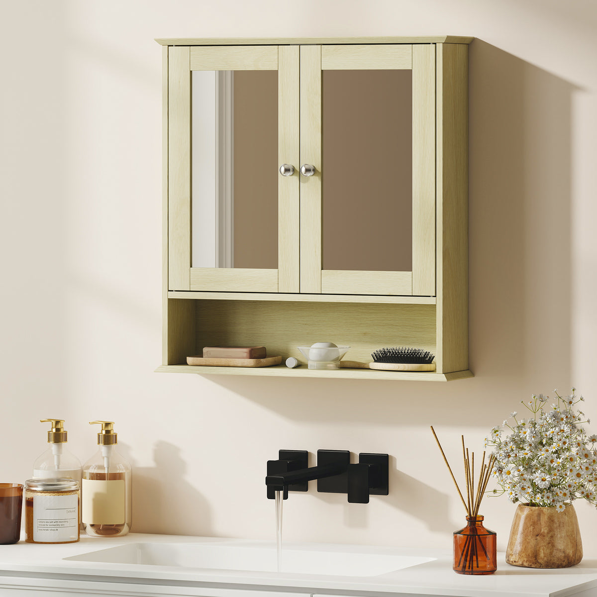 Armoire murale salle de bain avec miroir, 56 x 13 x 58 cm, meuble salle de bain avec Portes Miroir Doubles Bois Naturel-1