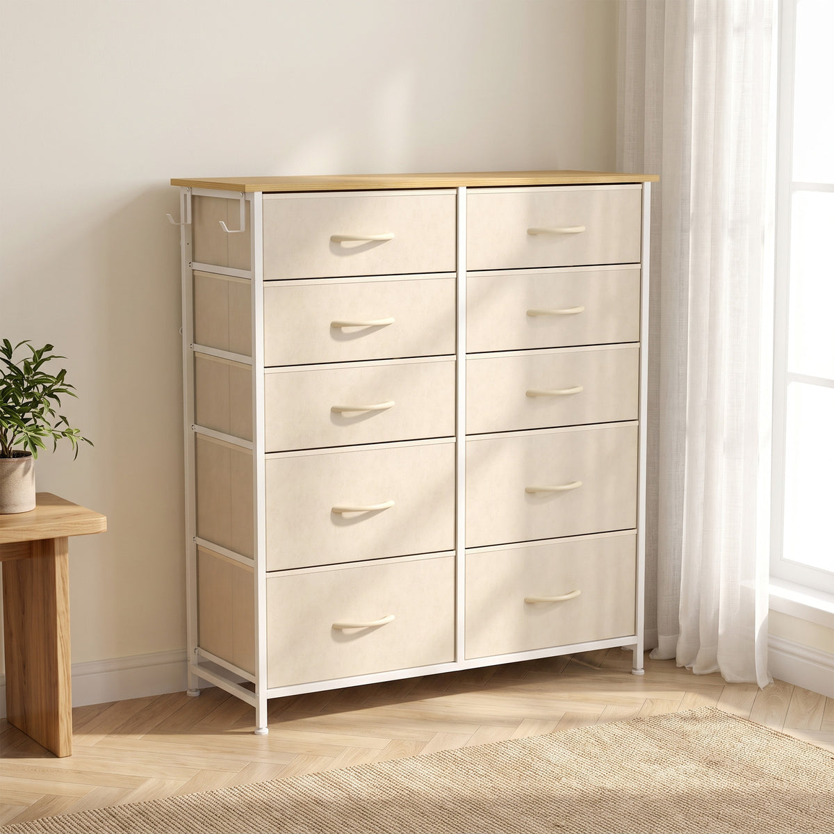 Commode 10 Tiroirs en Tissu, Meuble de Rangement avec 4 Poches, 2 Crochets, Structure en Acier, 80 x 30 x 94,5 cm, Beige-1