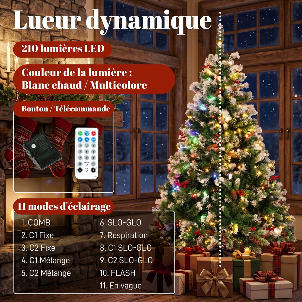 Sapin de Noël Artificiel Lumineux et Enneigé 150cm, Arbre de Noël, Télécommande, 11 Modes d'Éclairage, 210 LED, Vert-4