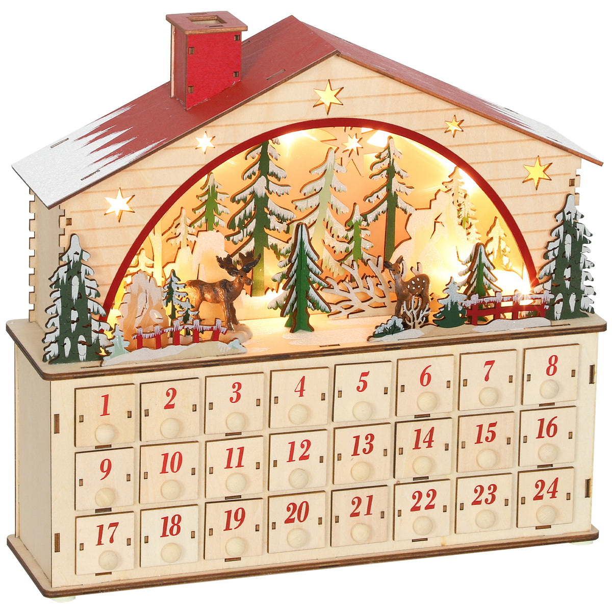 Calendrier de l'Avent lumineux, calendrier de l'Avent à remplir, 24 tiroirs, scène de village, 36x10x34cm, bois naturel-0