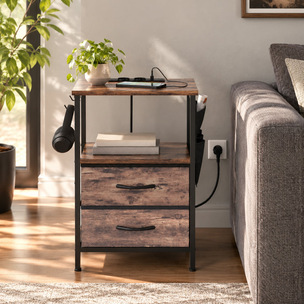 Table d'Appoint, Bout de Canapé, 2 Tiroirs et Sac de Rangement, Station de Charge, 40x30x60cm, Brun Rustique et Noir-8