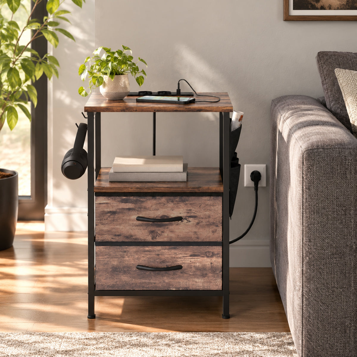 Table d'Appoint, Bout de Canapé, 2 Tiroirs et Sac de Rangement, Station de Charge, 40x30x60cm, Brun Rustique et Noir-8