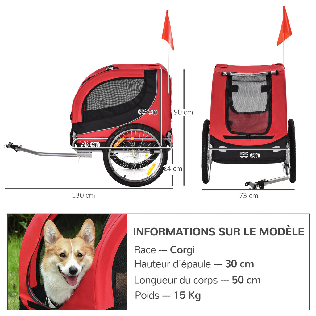Remorque velo pour chien animaux avec 8 reflecteurs drapeau rouge noir-2