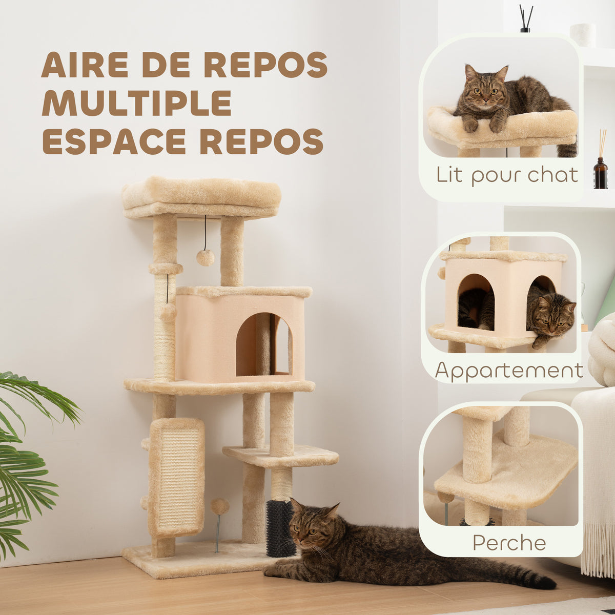 Arbre à Chat, Tour de Jeux, Hauteur de 104 cm, avec Lit, Maison, Brosse de Toilettage, 44l x 34P x 104H cm, Beige-3