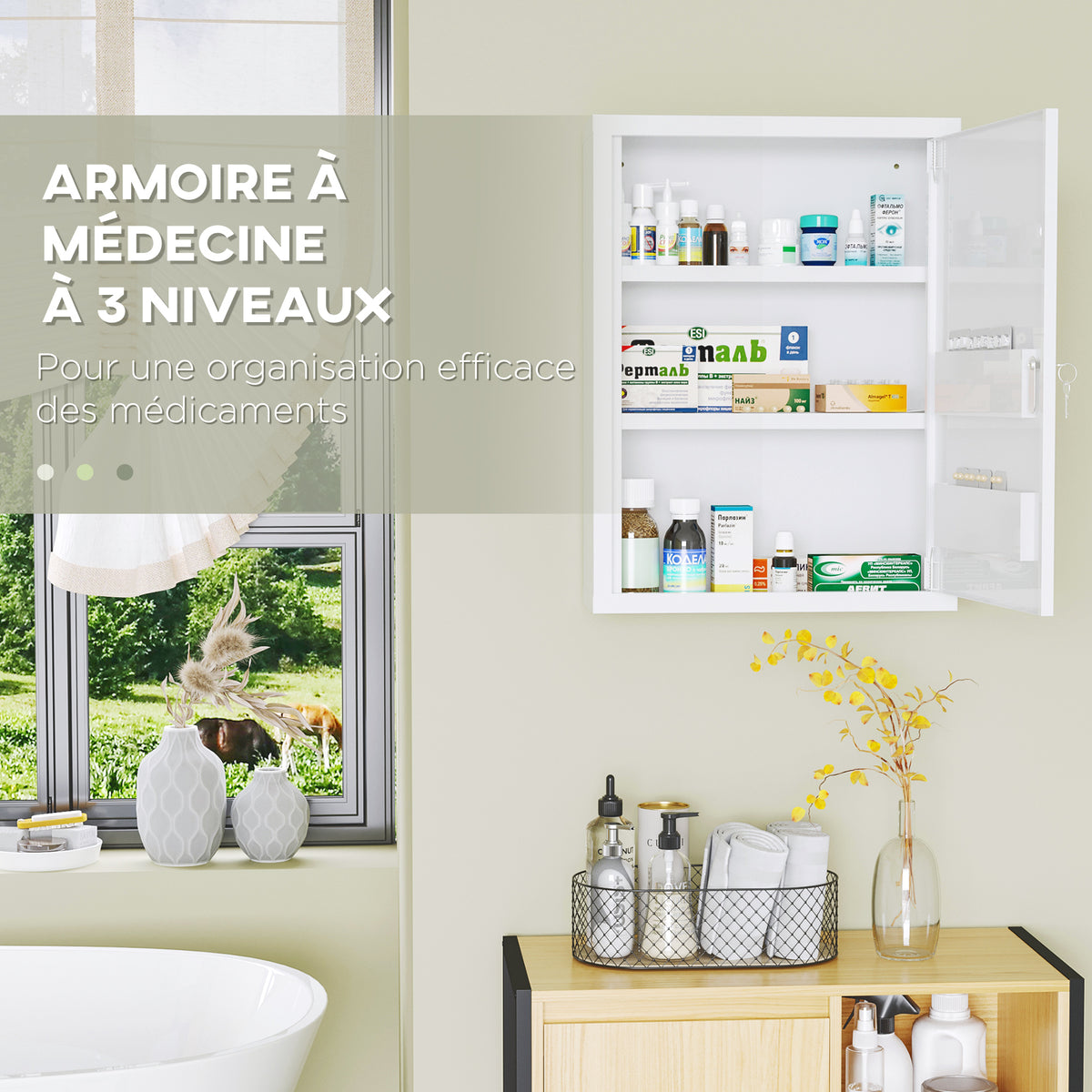 Armoire à pharmacie 2 étagères 3 niveaux avec porte verrouillable 2 clés 40 x 15 x 53,5 cm blanc-4