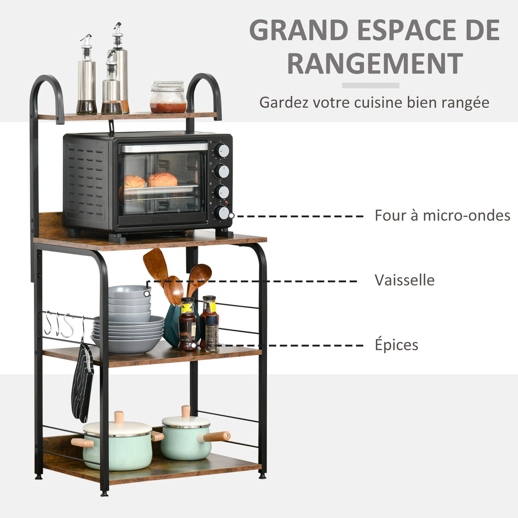 Étagère de cuisine, étagère micro-onde 3 étagères plateau crochets châssis acier 60 x 40 x 125 cm effet bois d'acajou-3