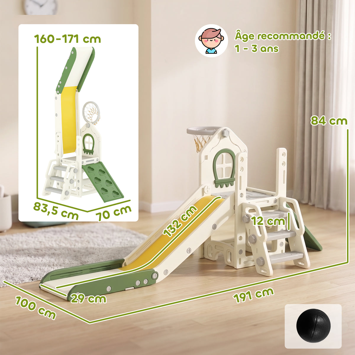Toboggan pour Enfant Pliable 5-en-1 avec Escalade, Panier de Basket, Espace de Rangement et Ballon, Crème-2