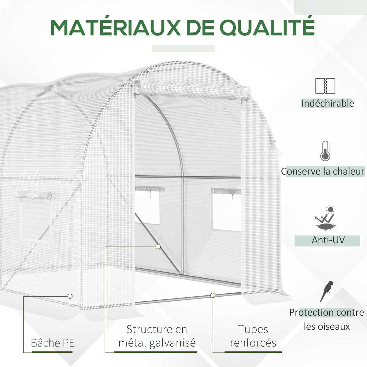 Serre de Jardin Tunnel 6 m² 3L x 2l x 1,9H m Acier galvanisé renforcé diamètre 2,4 cm + PE Haute densité fenêtres Porte Blanc-3